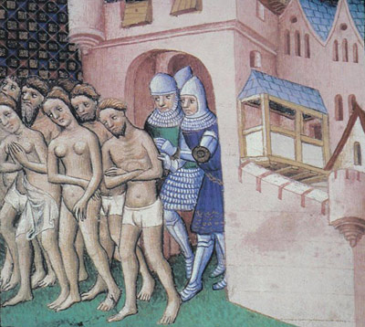 Жителей Каркассона изгоняют из города во время осады войсками Симона де Монфора.