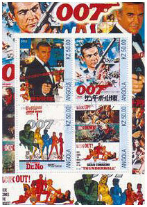 А это блок марок Анголы с изображением постеров к фильмам о Джеймсе Бонде